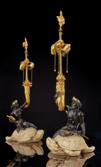 A Pair Of Fine American Ormolu, Patinated-bronze And White Marble Table Lamps by 
																	 Edward F Caldwell & Co