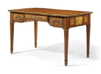 A French Ormolu-mounted Mahogany, Amaranth, Sycamore And Parquetry Bureau Plat by 
																	Jean Henri Riesener