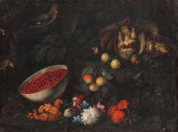Still Life With Fruits Flowers And Fowl by 
																	Adeodato Zuccati