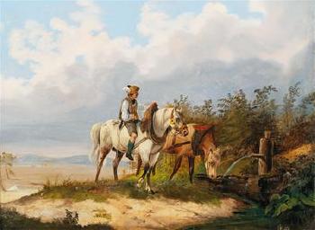 Rider with Horses by the Watering Hole by 
																			Alois Bach