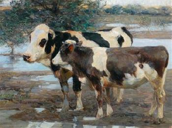 Two Cows by the Water by 
																			Heinrich von Zugel