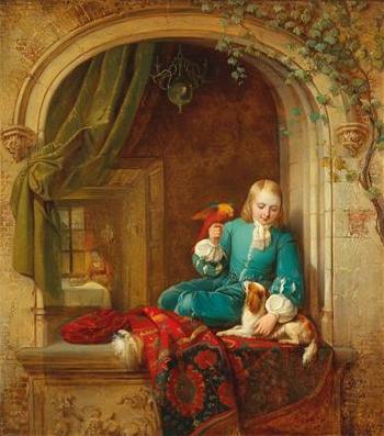 A Boy at the Window with Small Dog and Parrot by 
																			Alexis van Hamme