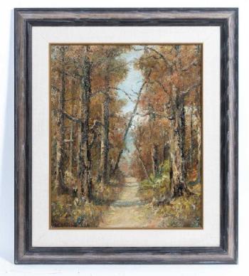 View on a dirt path within a forest at Autumn by 
																	Atherton Furlong