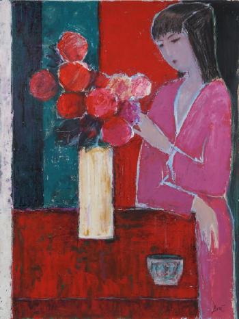 Woman in Pink with Red Flowers by 
																			Jose Canes
