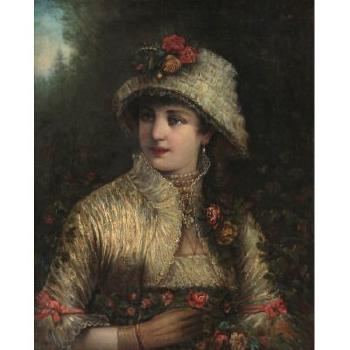 Young woman with hat and flowers at the fringe of the woods by 
																	F Karer