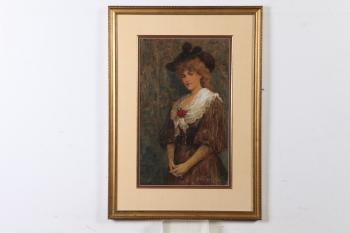 Portrait of woman with rose brooch by 
																			Cecil Watson Quinnell