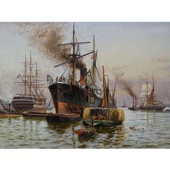 Cargo Ships Unloading On The Thames by 
																	Charles John de Lacy
