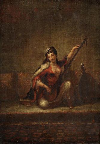 A Turkish Woman Playing A Tanbur In An Interior by 
																	Jan Baptiste Vanmour