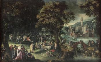 A Fête Champêtre With Numerous Elegant Figures In A Wooded Landscape Beside A River And A Village Beyond by 
																	David Vinckeboons