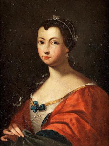 Portrait Of A Lady Half-Length In A White Dress With A Red Wrap by 
																	Pietro Rotari