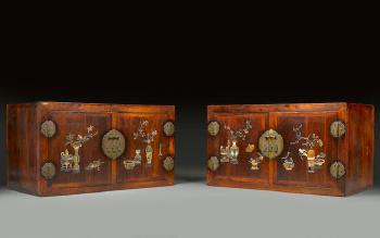 A Magnificent And Massive Pair Of Huanghuali Inlaid Hat-Chests by 
																	 Unknown Furniture Maker