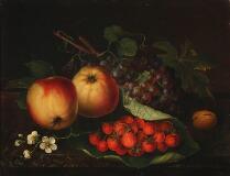 Still life with apples, grapes and strawberries on a stone sill by 
																			Antoinette Uldall