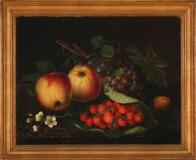 Still life with apples, grapes and strawberries on a stone sill by 
																			Antoinette Uldall