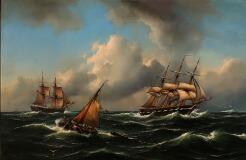 Seascape with sailing ships in rough seas by 
																			Govert van Emmerik