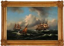 Seascape with sailing ships in rough seas by 
																			Govert van Emmerik