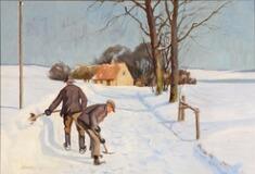 Winter scene with young men shovelling snow by 
																			Harald Pryn