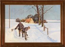 Winter scene with young men shovelling snow by 
																			Harald Pryn