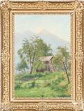 A mountain landscape with a shed on a plot of land by 
																			Marie Augustin Zwiller