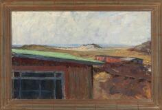 Landscape with buildings and the ocean in the back ground by 
																			Knud Eel