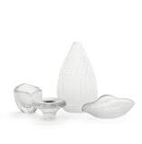 Vase and three clear glass bowls with cut line pattern by 
																			 Iittala Glassworks