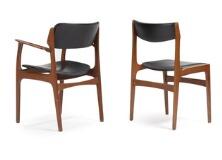 A set of four teak chairs and two armchairs, upholstered in seat and back with black artificial leather by 
																			Erik Buck