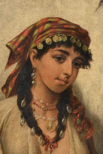 Gypsy Girl with Tambourine and Gold Coin Necklace by 
																			Em Samarco