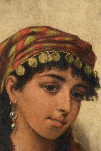 Gypsy Girl with Tambourine and Gold Coin Necklace by 
																			Em Samarco