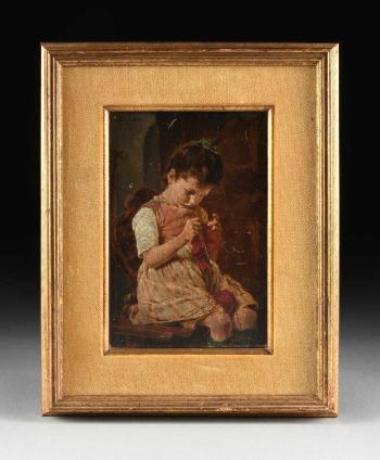 Little Girl Knitting by 
																			Georg Jakobides
