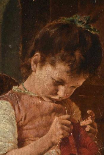 Little Girl Knitting by 
																			Georg Jakobides