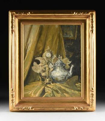 Still Life of Boudoir Clock and Tea Pot by 
																			Jose Arpa y Perea