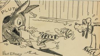 Daffy Duck pulling on donkey in Pluto doghouse by 
																			Walt Disney