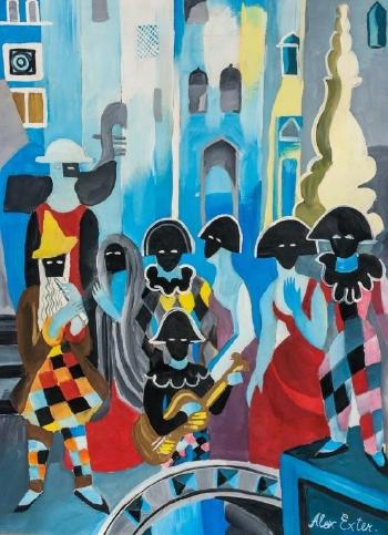 Cubist portrait of a group of people in masks by 
																			Alexandra Exter