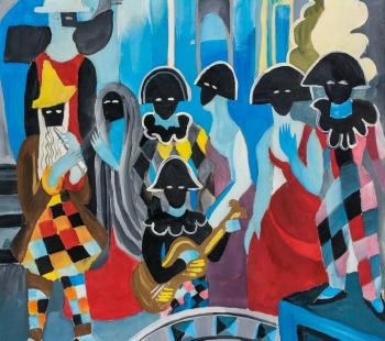 Cubist portrait of a group of people in masks by 
																			Alexandra Exter