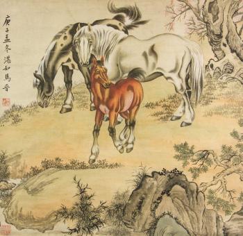 Three horses with landscape by 
																			 Ma Jin