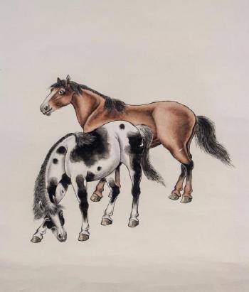 Two horses with Chinese calligraphy in semi-cursive script by 
																			 Puzuo