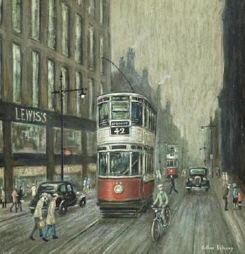 Street Scene With Trams Manchester by 
																	Arthur Delaney