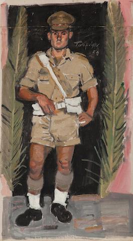 Greek Military Policeman In Front Of Pink Wall With Two Palm Leaves by 
																	Yannis Tsaroukhis