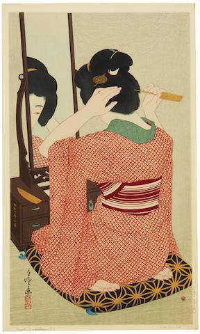 A dai oban tate-e print entitled Kagami no mae (Before the Mirror) by 
																	Hirano Hakuho