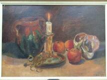 Still life with candle, vase, conch and apples by 
																			Mogens Vantore