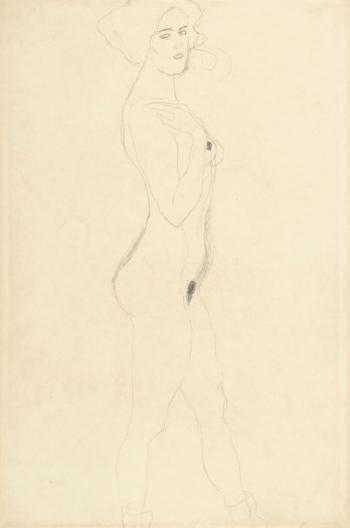 Schreitende Nach Rechts, Die Rechte Hand An Der Schulter, Das Gesicht Dem Betrachter Zugewendet by 
																	Gustav Klimt
