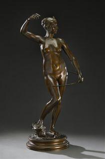 Diane Chasseresse Epreuve En Bronze à Patine Brune Nuancée by 
																	Jean-Alexandre-Joseph Falguiere
