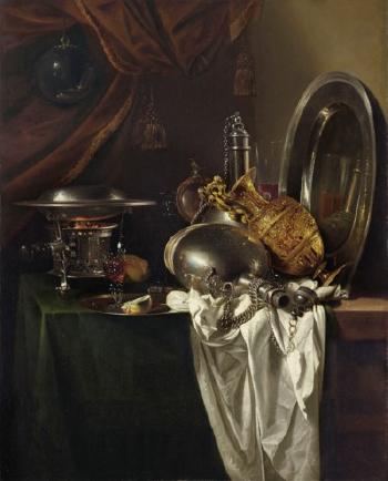 A Chafing Dish, Two Pilgrims' Canteens, a Silver-gilt Ewer, a Plate And Other Tableware On a Partially Draped Table by 
																	Willem Kalf