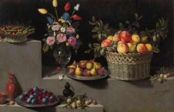 Peaches, Pears, Plums, Peas And Cherries In Wicker Baskets, Figs, Plums And Cherries On Pewter Plates, a Bouquet Of Tulips, Blue And Yellow Irises, Roses And Other Flowers In a Venetian Crystal Vase by 
																	Juan van der Hamen y Leon