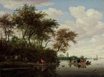 A River Landscape With a Ferry And Kronenburg Castle in the Background by 
																	Salomon van Ruysdael