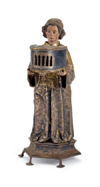 A Gilt Copper and Polychrome Figure of a Standing Male Saint by 
																	 North European School