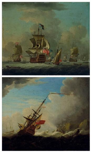 The Arrival of the Fleet; And Warships Caught in a Gale by 
																	Francis Swaine