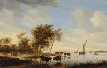A River Landscape With Cattle Watering And Sailing Boats Beyond by 
																	Salomon van Ruysdael