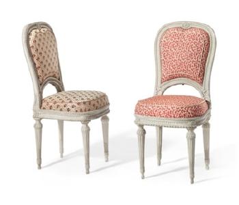 A Pair of Louis XVI White-painted Walnut Chaises by 
																	 Unknown Furniture Maker