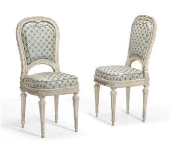 A Pair of Louis XVI White-painted Walnut Chaises by 
																	 Unknown Furniture Maker