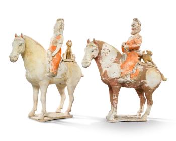 A Pair of Painted Pottery Equestrians by 
																	 Tang Dynasty